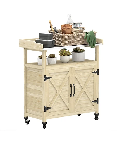 Outsunny Outdoor Potting Bench with Storage, Wheels, Natural Wood