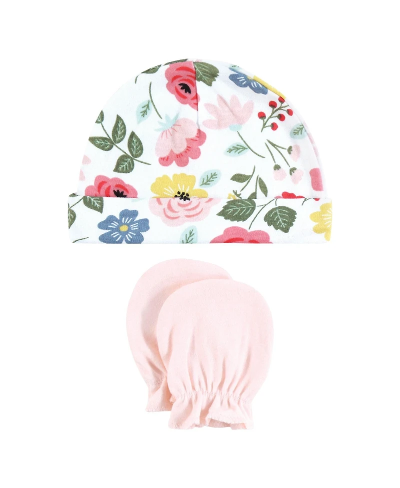 Hudson Baby Baby Girls Hudson Cotton Cap and Scratch Mitten Set, Butterfly Floral, 0-6 Months