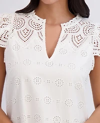 London Times Women's Ruffled Split-Neck Ruffled-Sleeve Cotton Shift Dress