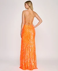Crystal Doll Juniors' Sequined Lace-Up-Back Gown