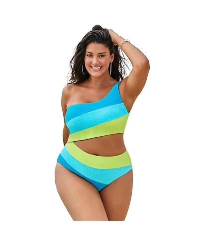 Swimsuits for All Women's One Shoulder Color Block Cutout Piece Swimsuit