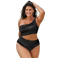 Swimsuits for All Women's One Shoulder Color Block Cutout Piece Swimsuit