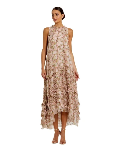 Mac Duggal Women's Sleeveless Floral Print Chiffon Micro Ruffle Gown