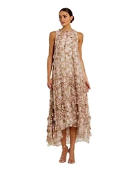 Mac Duggal Women's Sleeveless Floral Print Chiffon Micro Ruffle Gown