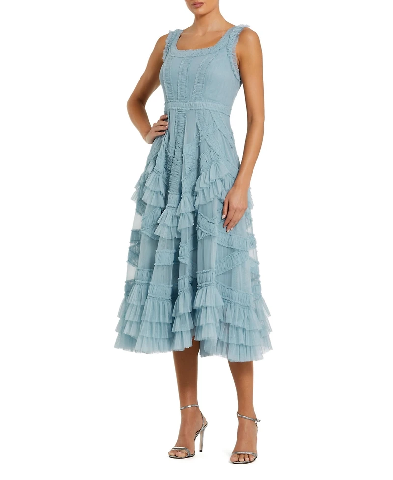 Mac Duggal Women's Scoop Neck Sleeveless Mesh Micro Ruffle Midi Dress