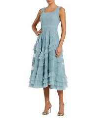 Mac Duggal Women's Scoop Neck Sleeveless Mesh Micro Ruffle Midi Dress