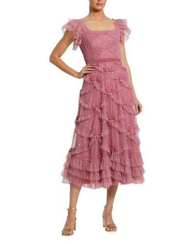 Mac Duggal Women's Dot Net Sequin Ruffle Sweetheart Neck Midi Dress