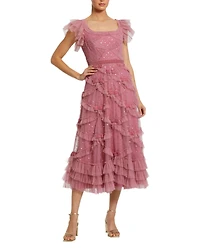 Mac Duggal Women's Dot Net Sequin Ruffle Sweetheart Neck Midi Dress