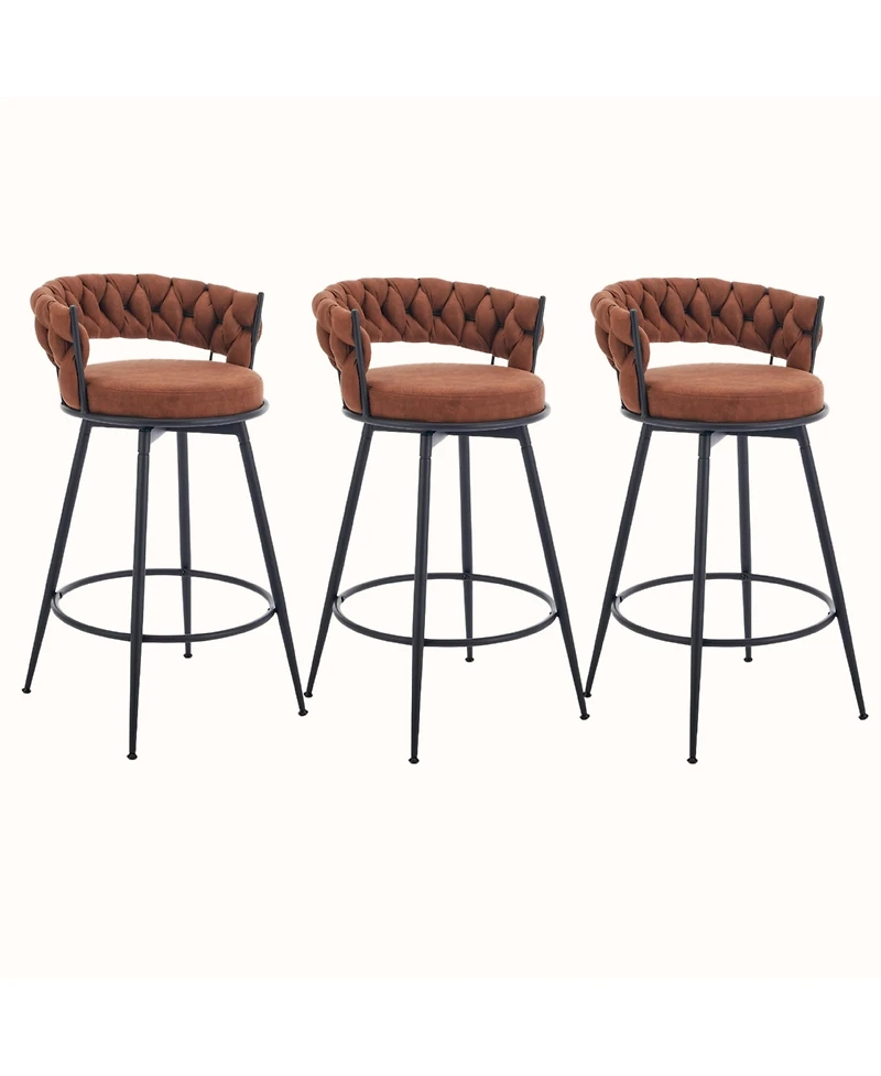 Dyhome 28 inch Bar Stools Set of 3, Modern Counter Height Bar Stools, 360° Swivel Suede Fabric Stool Chairs with Woven Back and Footrest
