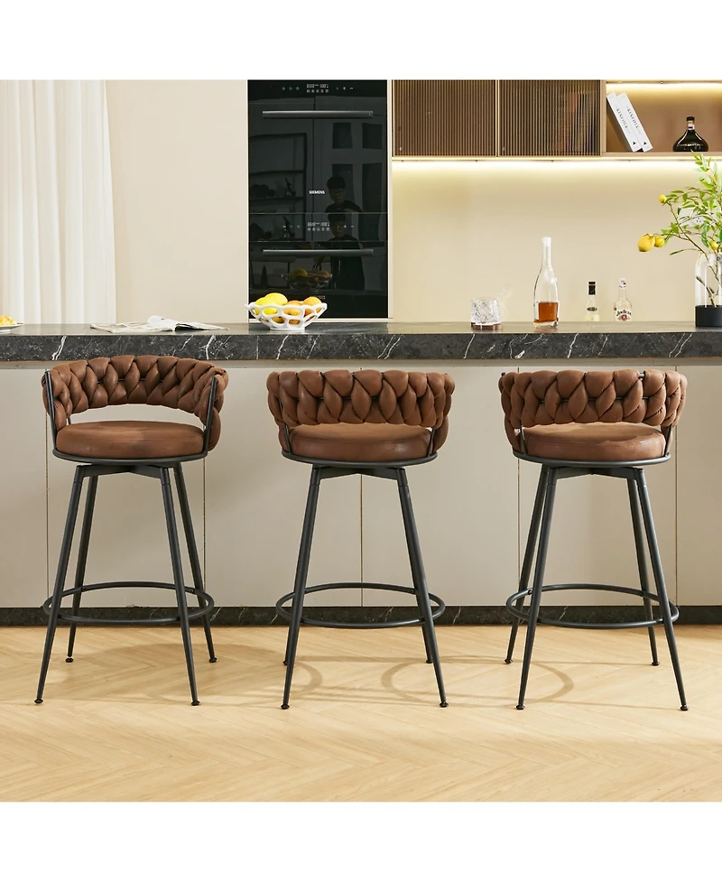 Dyhome 28 inch Bar Stools Set of 3, Modern Counter Height Stools, 360° Swivel Suede Fabric Stool Chairs with Woven Back and Footrest