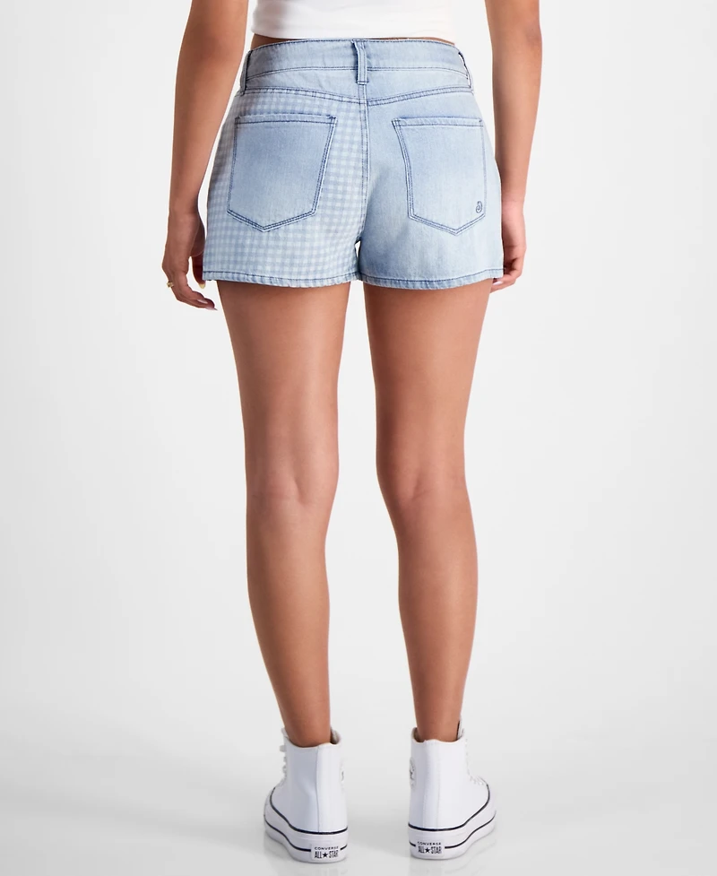 Indigo Rein Juniors' Gingham-Panel Mom Shorts
