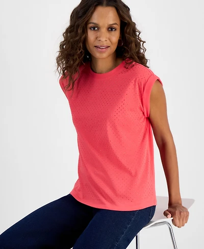 I.n.c. International Concepts Petite Dew Drop Cotton Roll-Sleeve Tee, Created for Macy's