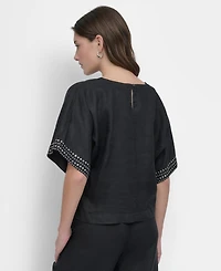 Dkny Women's Cropped Short-Sleeve Studded Linen Top