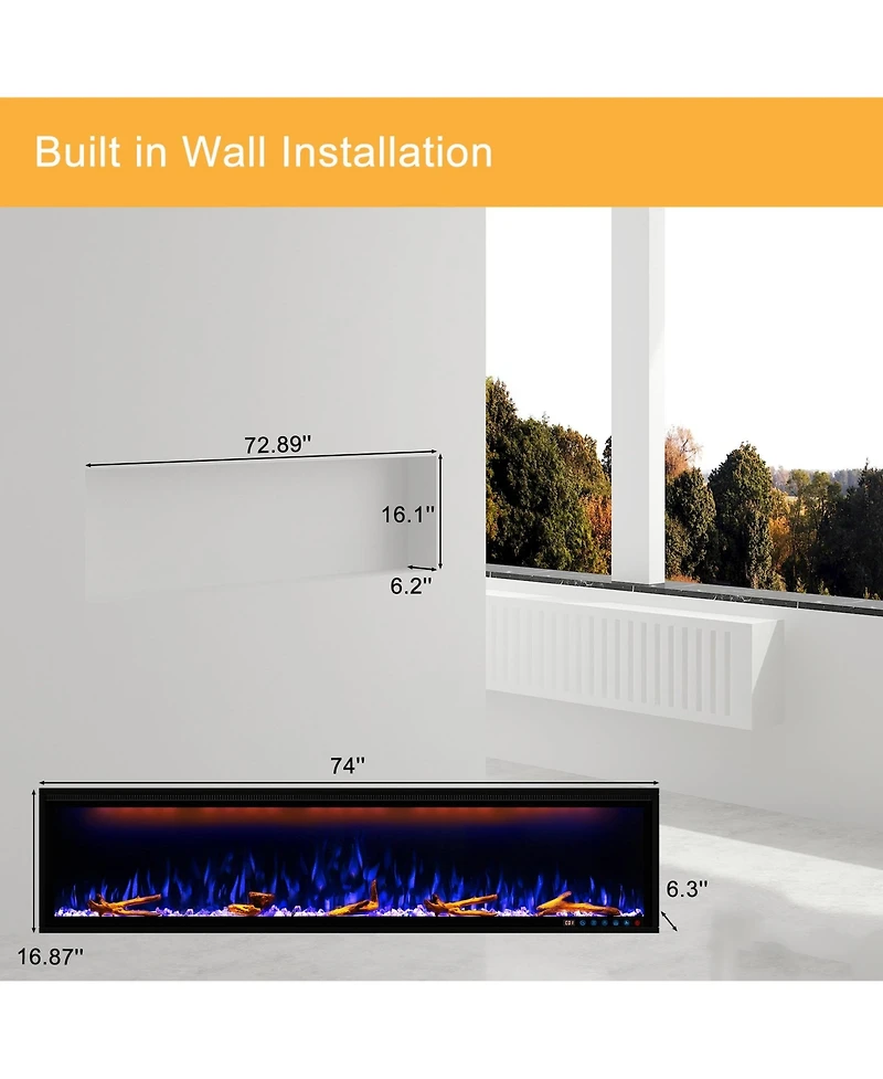 Smart 74" Wall-Mounted Electric Fireplace with Realistic Flame Effects, Dual Heating, and Alexa Compatibility
