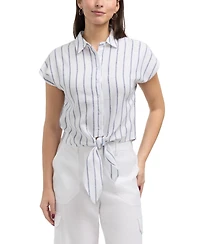 Ellen Tracy Women's Linen Blend Sleeveless Tie Hem Button Down Top