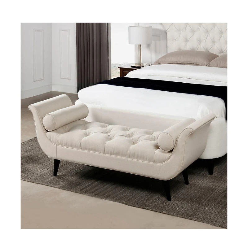 64 Inch Tufted Velvet Entryway Bench, Upholstered Bedroom Bench with Bolster Pillows & Wood Legs-The Pop Home