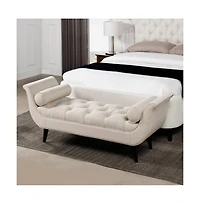64 Inch Tufted Velvet Entryway Bench, Upholstered Bedroom Bench with Bolster Pillows & Wood Legs-The Pop Home