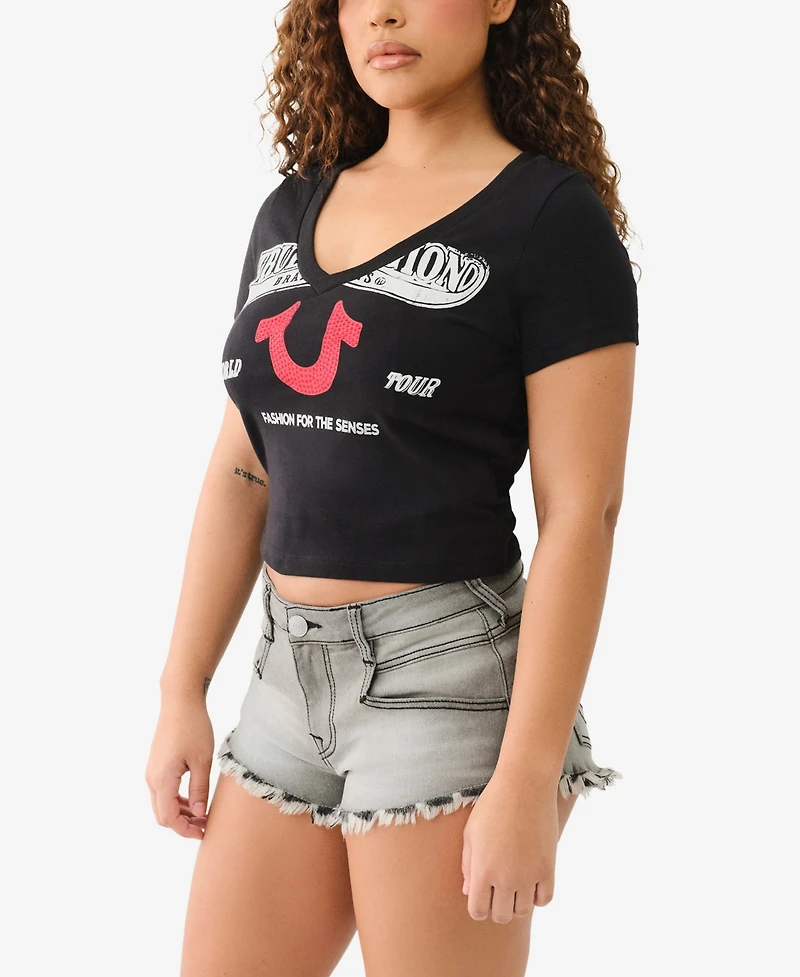 True Religion Women's Crystal Logo V-Neck Baby T-Shirt