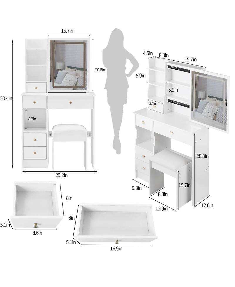 50.40"Small Size Left Drawer Desktop Vanity Table + Cushioned Stool, Touch Control Sliding Led Mirror, Tri-color Switching,White