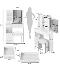 50.40"Small Size Left Drawer Desktop Vanity Table + Cushioned Stool, Touch Control Sliding Led Mirror, Tri-color Switching,White