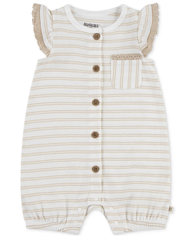 Huggies Baby Girls Cotton Striped Ruffled-Sleeve Romper