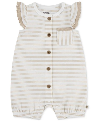 Huggies Baby Girls Cotton Striped Ruffled-Sleeve Romper