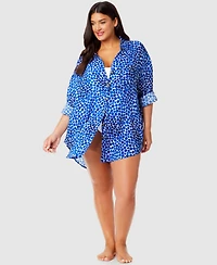 Anne Cole Plus Size Denim Dot Boyfriend Shirt Swim Cover-Up