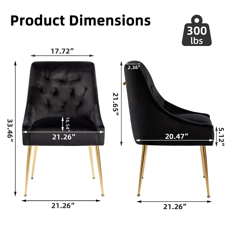 Dyhome Modern Velvet Upholstered Dining Chairs Set of 2, Mid Century Side with 5.12” Cushions and Back Pull Rod for Kitchen, Living Room
