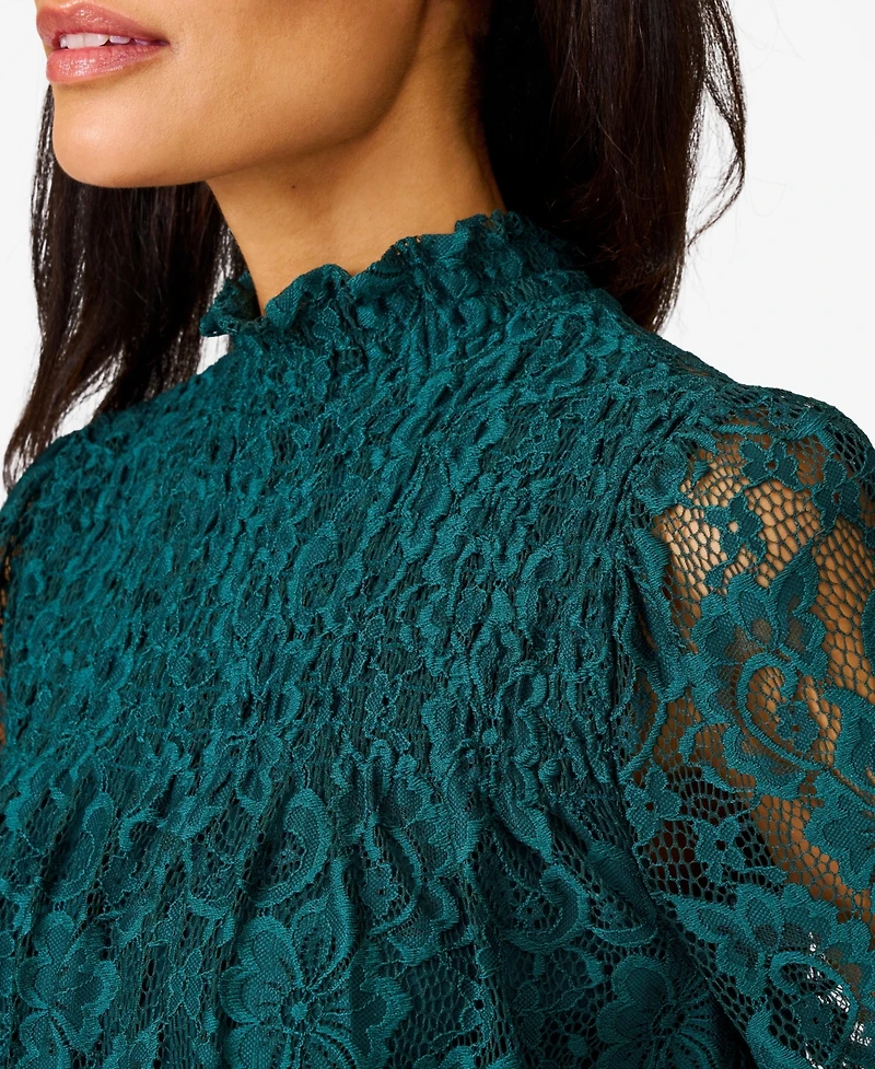 Cable & Gauge Women's Smocked Mock Neck Lace Top