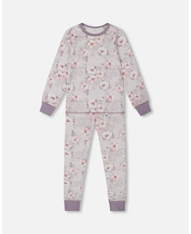 Deux par Deux Toddler Girls Printed Cotton Long Sleeve Top And Pant Pajama Set Pale Pink Flowers On Neutral Lilac - Toddler|Child