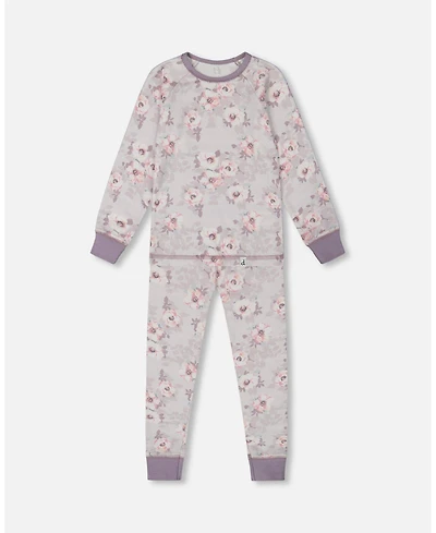 Deux par Deux Toddler Girls Printed Cotton Long Sleeve Top And Pant Pajama Set Pale Pink Flowers On Neutral Lilac - Toddler|Child