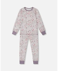Deux par Deux Toddler Girls Printed Cotton Long Sleeve Top And Pant Pajama Set Pale Pink Flowers On Neutral Lilac - Toddler|Child