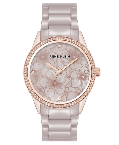 Anne Klein Women's Quartz Taupe Ceramic Bracelet Floral Dial Watch, 34mm