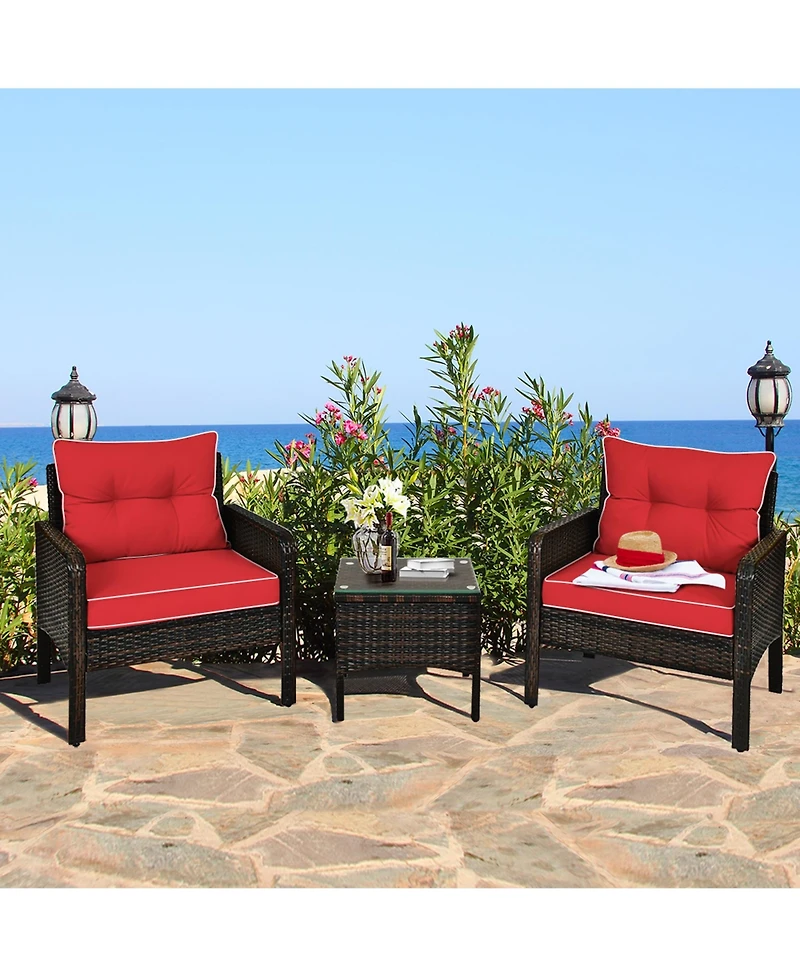 Gymax 3PCS Outdoor Patio Rattan Furniture Set w/ Coffee Table Cushion