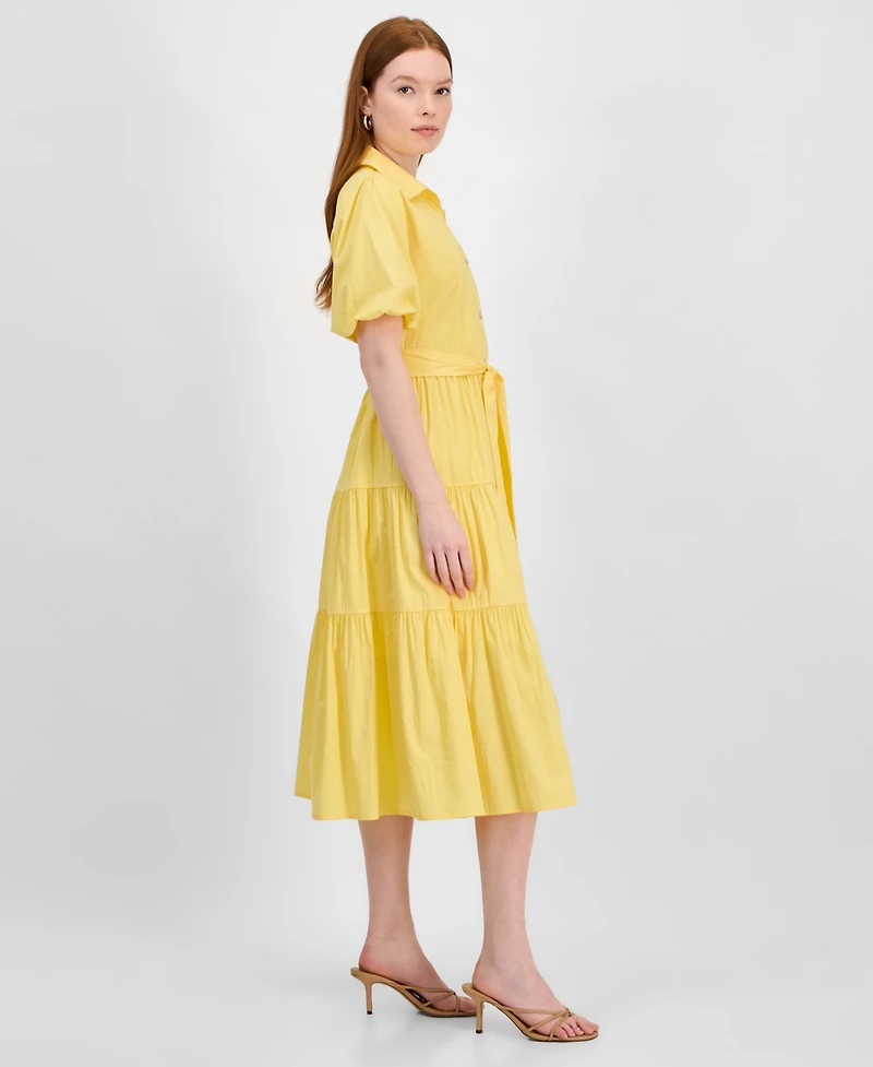 T Tahari Women's Puff-Sleeve Belted Tiered Shirtdress