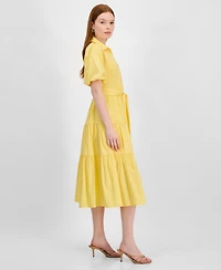 T Tahari Women's Puff-Sleeve Belted Tiered Shirtdress
