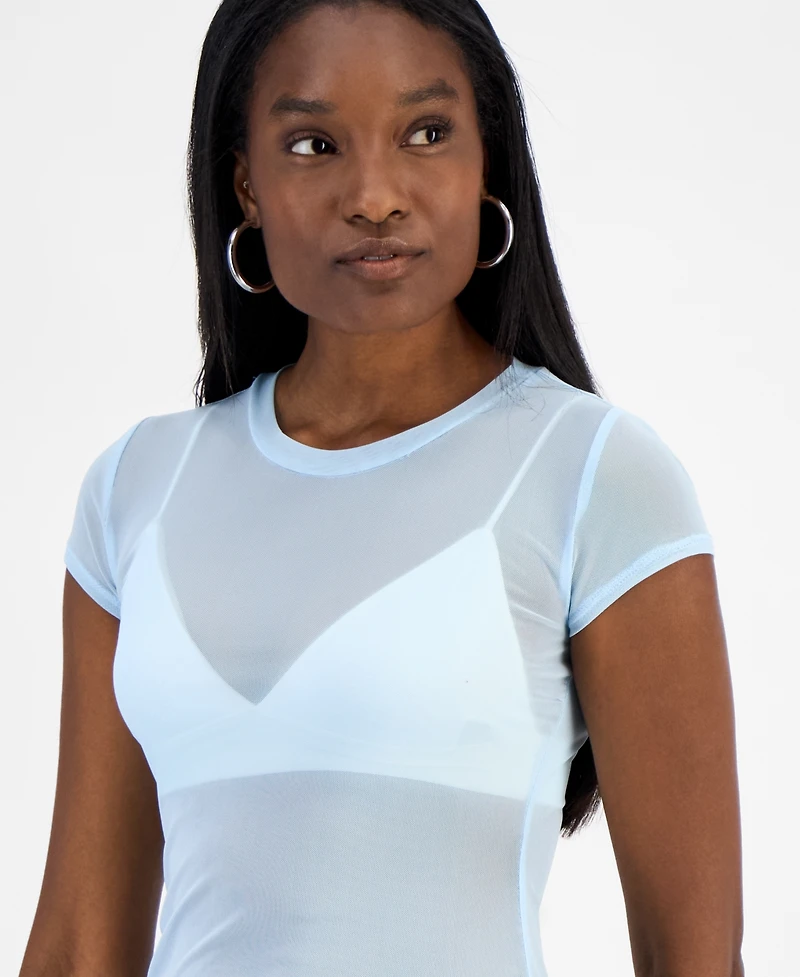 Bar Iii Women's Mesh Cap-Sleeve Semi-Sheer Top, Exclusively at Macy's