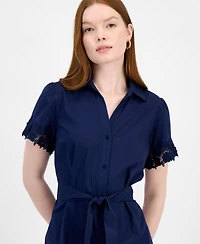 T Tahari Women's Lace-Trim Short-Sleeve Shirtdress