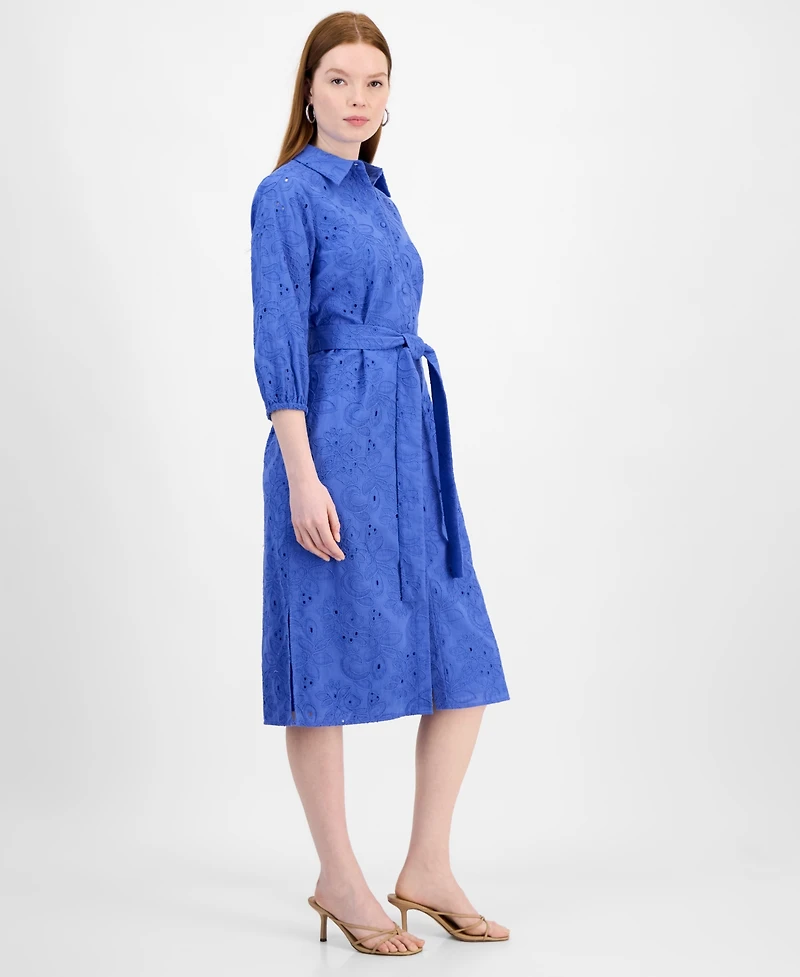 T Tahari Women's Embroidered Eyelet Belted Shirtdress