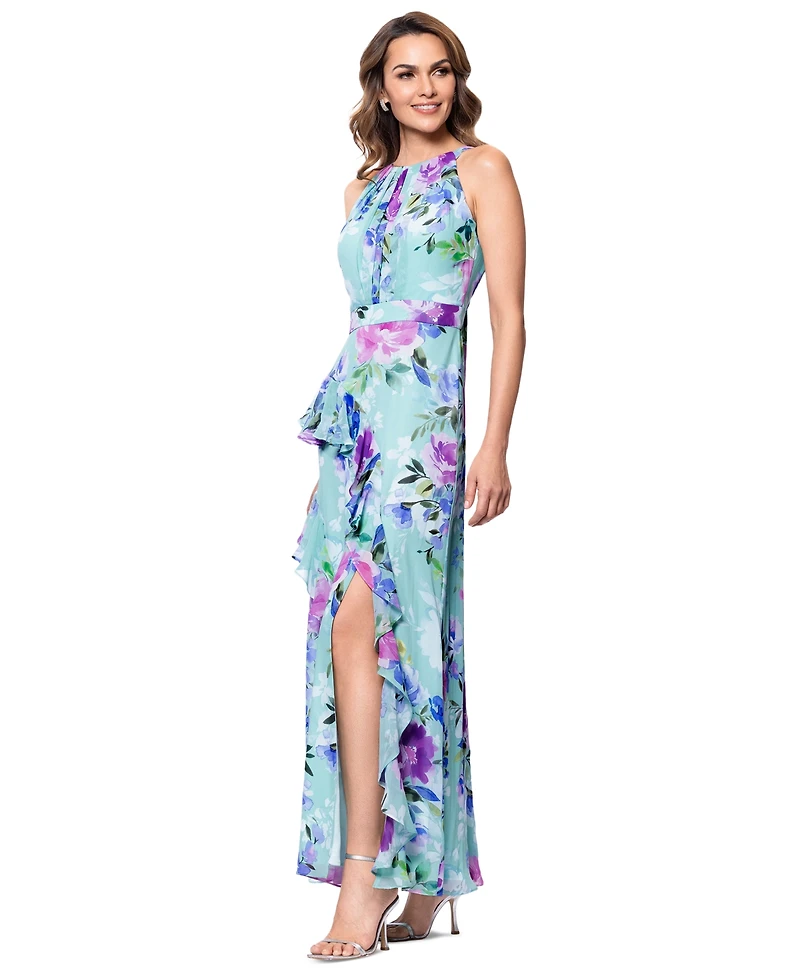 Betsy & Adam Women's Back-Tie Halter Ruffled Gown