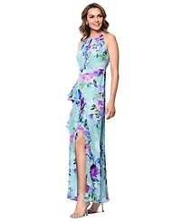 Betsy & Adam Women's Back-Tie Halter Ruffled Gown