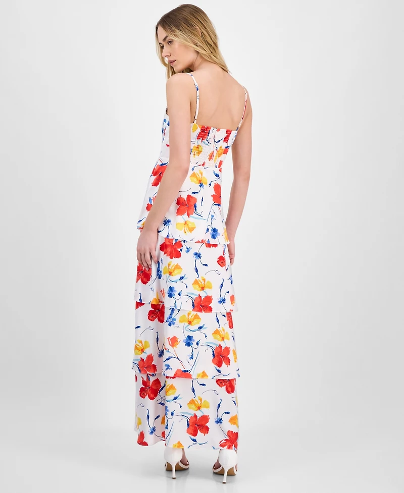 Anne Klein Women's Floral-Print Cowlneck Tiered Satin Maxi Dress