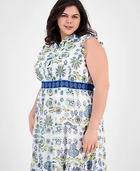 Anne Klein Plus Printed Smocked-Waist Patio Shirtdress