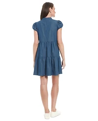 London Times Petite Denim Puff-Sleeve Tiered Dress