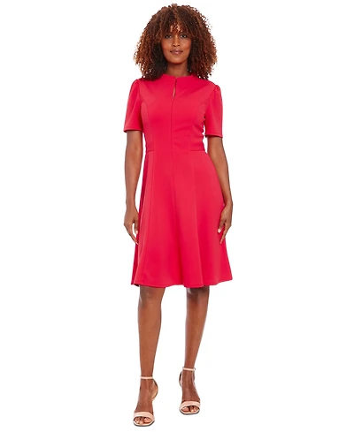 London Times Petite Stand-Collar Fit & Flare Dress