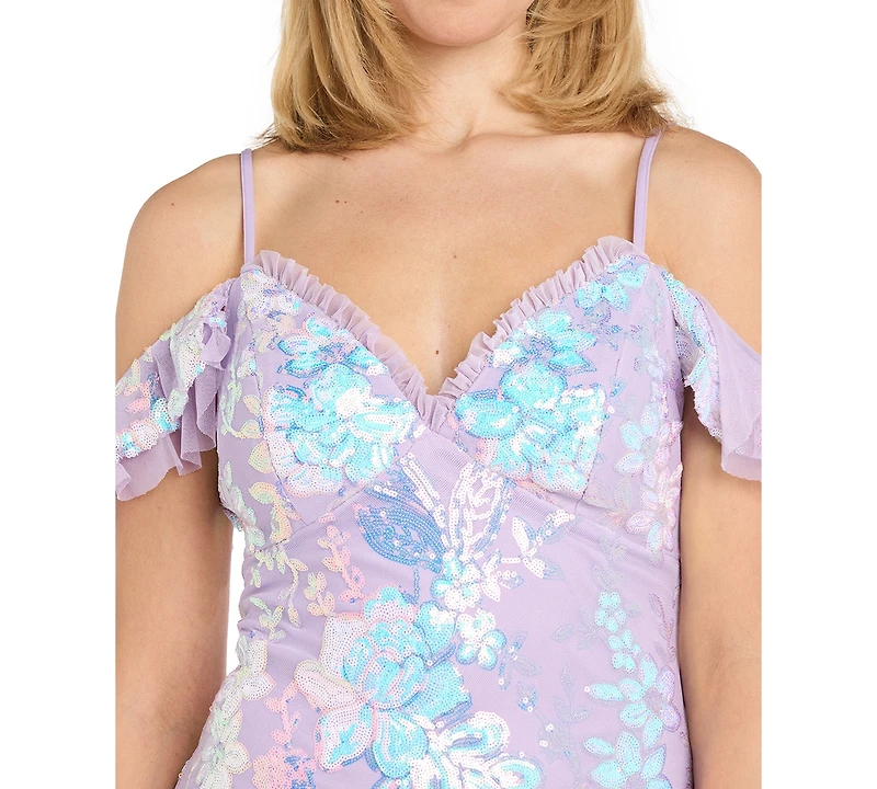 Morgan & Company Juniors' Sequined Floral Lace-Up Gown