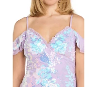 Morgan & Company Juniors' Sequined Floral Lace-Up Gown