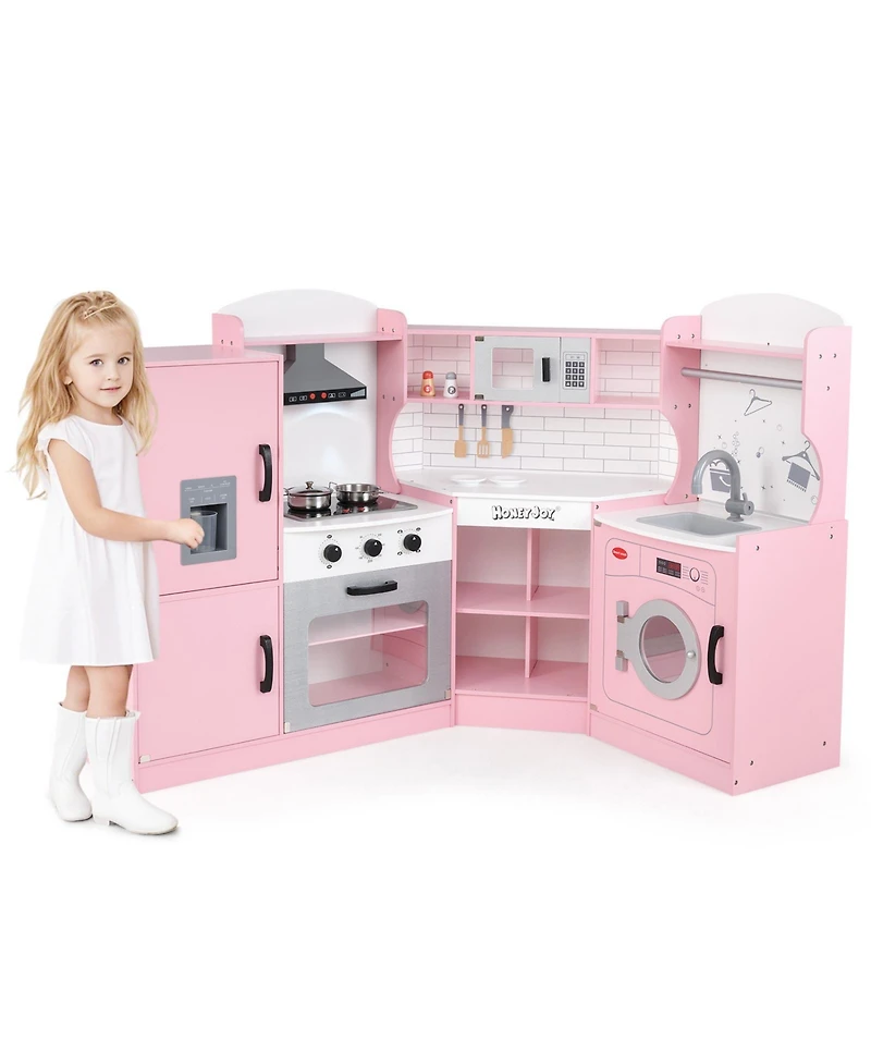 Corner Play Kitchen Toddler Kitchen Playset with Range Hood, Ice Maker, Microwave