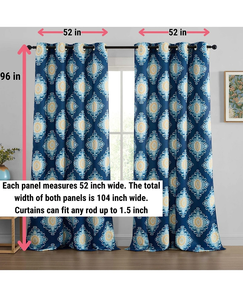 Hlc.me Liam Ogee Ikatt Damask Patterned Window Grommet Curtains Bedroom - Light Blocking Darkening Window Panels, Set of 2 (Navy Blue, 52 W x 96 L