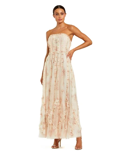Mac Duggal Women's Mesh Micro Ruffle Strapless Gown